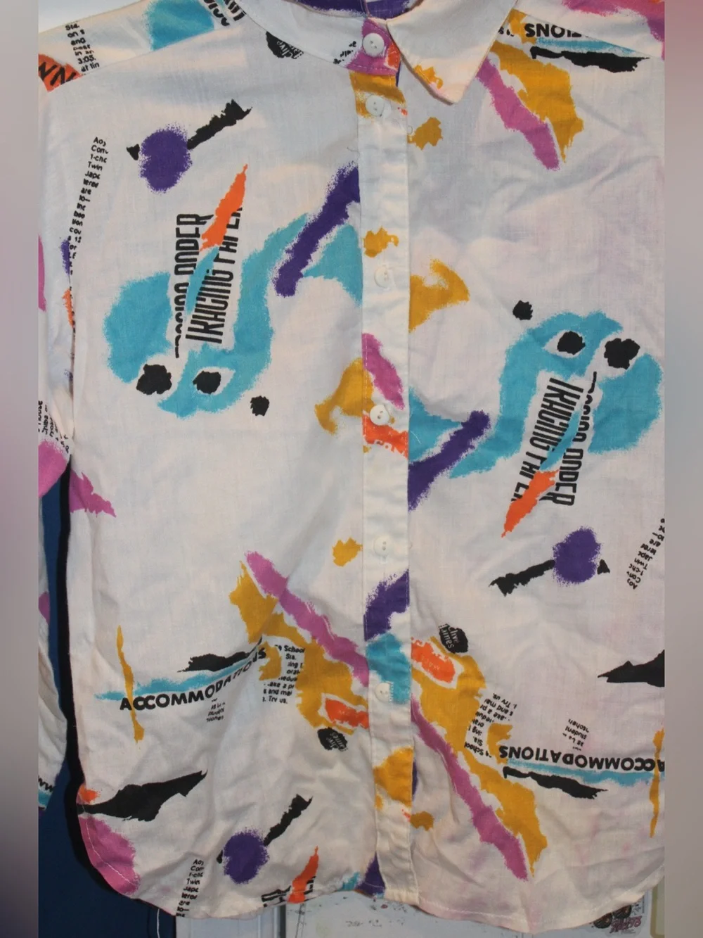Vintage 80s/90s Eber Girl Abstract Text Collage Button Down Shirt - Youth Medium